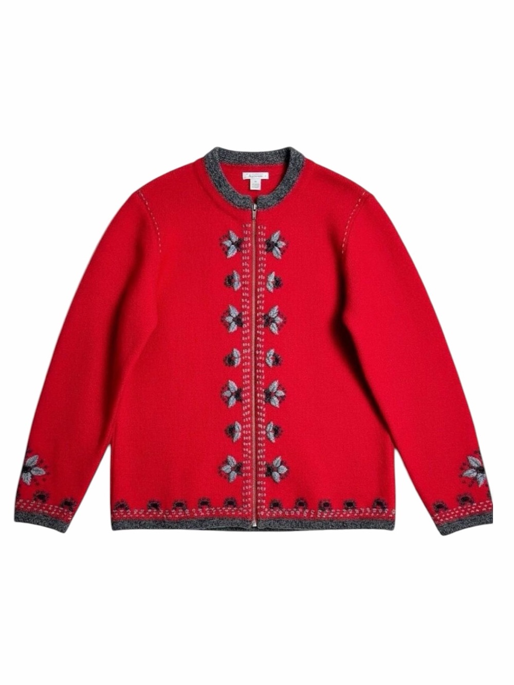 Christopher & Banks Wool Nordic Zip Cardigan Red Gray XL Winter